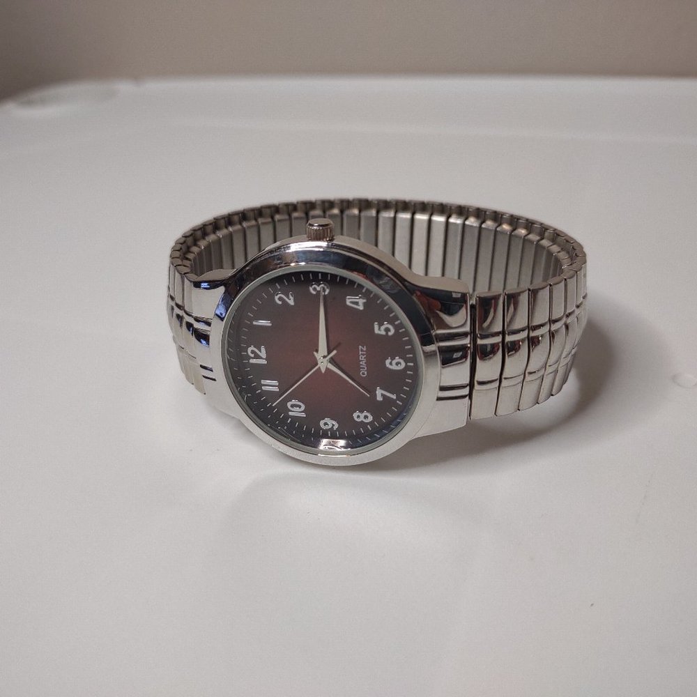Metal Stretch Watch With Dark Red Dial